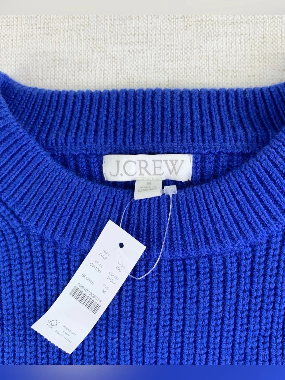 J Crew women's M Fitted-waist crewneck sweater in ribbed merino wool in blue